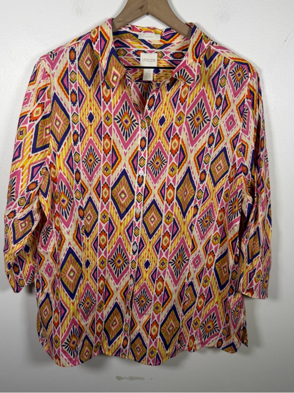 Chicos Effortless 100% Linen Button Up Back Shirt Size 3/XL Orange Pink Boho - Picture 3 of 9